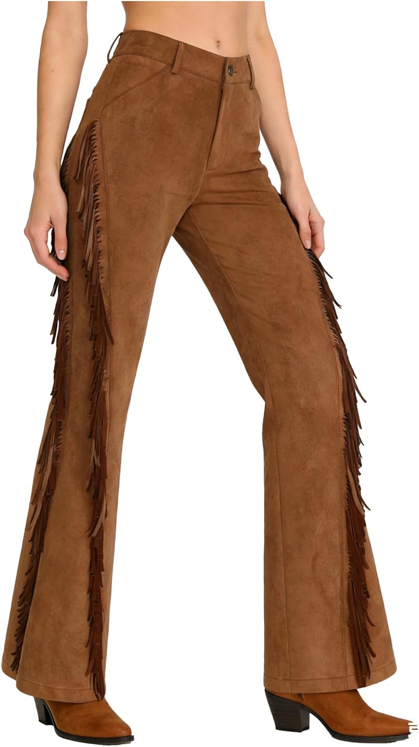 Yartina Womens Cowgirl Pants Fringed Wide Leggings High Waisted Tassels Faux Suede Trouser