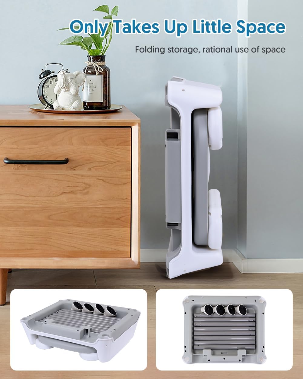 Bellababy high chair folded compactly and standing upright next to a cabinet, demonstrating its space-saving storage.