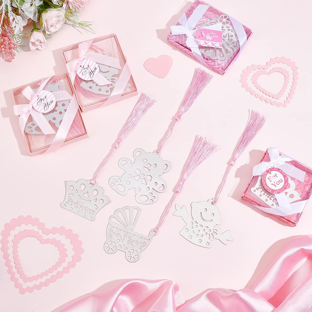 CHGCRAFT 20Pcs 4 Styles Metal Bookmark with Tassel Party Favor Bookmarks Gift Box Bookmark Supplies for Guest Gifts Birthday Wedding Bookworm Book Lovers Student, Length 170~204mm, Pearl Pink