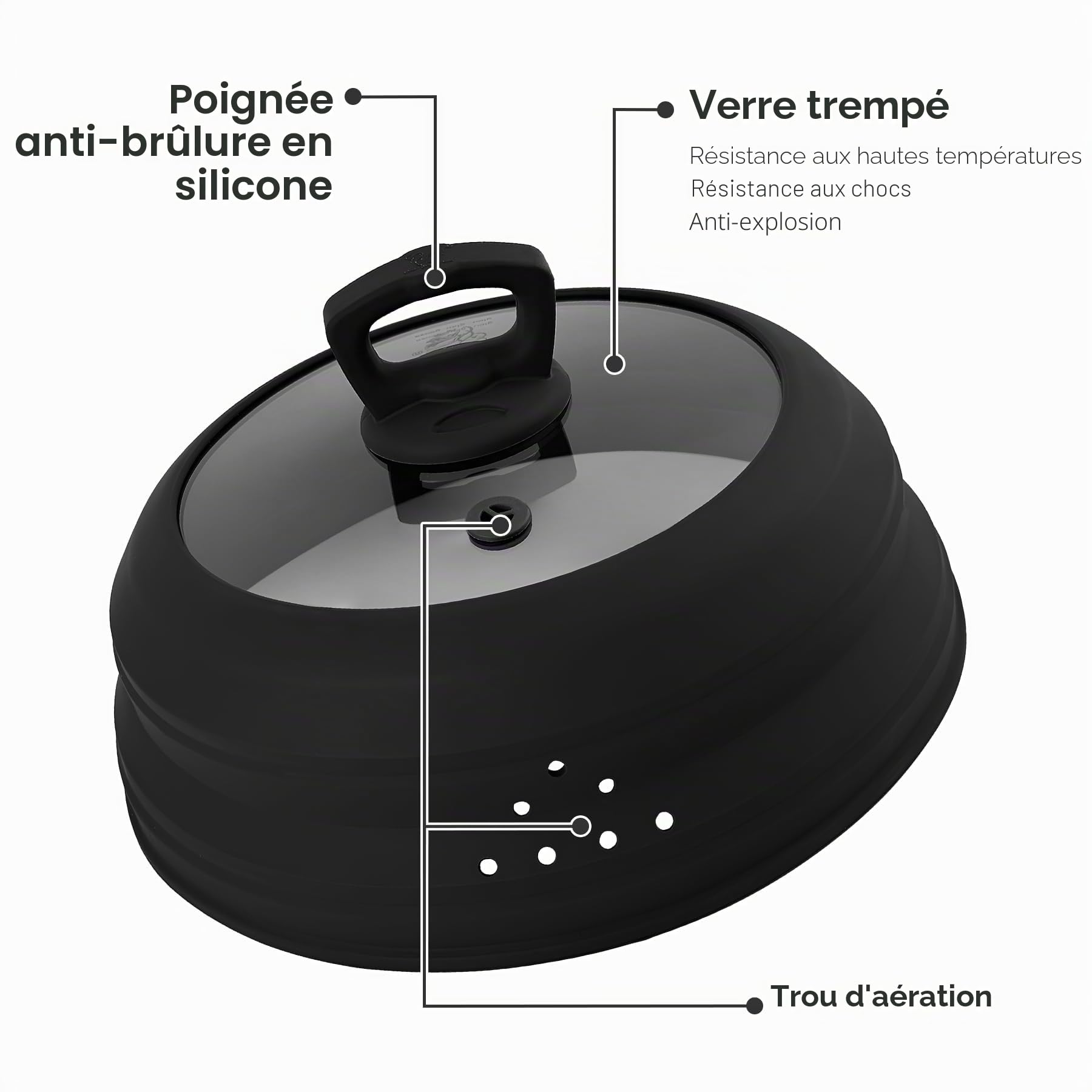 Couvercle anti-éclaboussures pour micro-ondes en verre de 26,7 cm avec poignée, couvercle pliable en silicone pour micro-ondes avec aération de vapeur pour assiette, casserole, bol (noir)