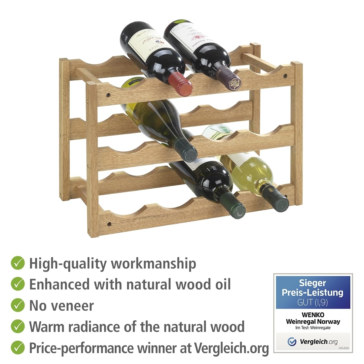 WENKO Scaffale porta bottiglie di vino Norway, scaffale legno per vino fino a 12 bottiglie, portabottiglie in noce da terra a 3 piani