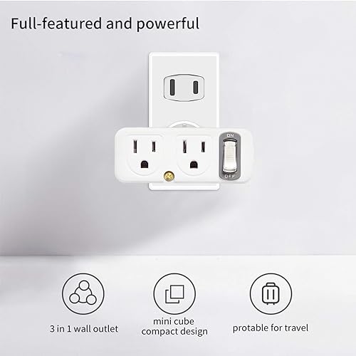 Miniatura 6 de SYCON Extensor de pared de 4 tomacorrientes Adaptador de CA con luz nocturna, 2 clavijas Mini enchufe de pared interior Extensor de toma de corriente