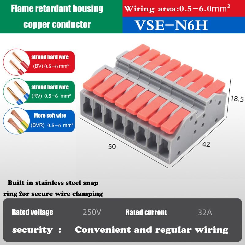 Quick Connection Terminal for Soft Wire, Multiple in and Multiple Out, Plug-in Quick Connector, Wire Coupler(QHJ-N6H-8P,10Pcs)