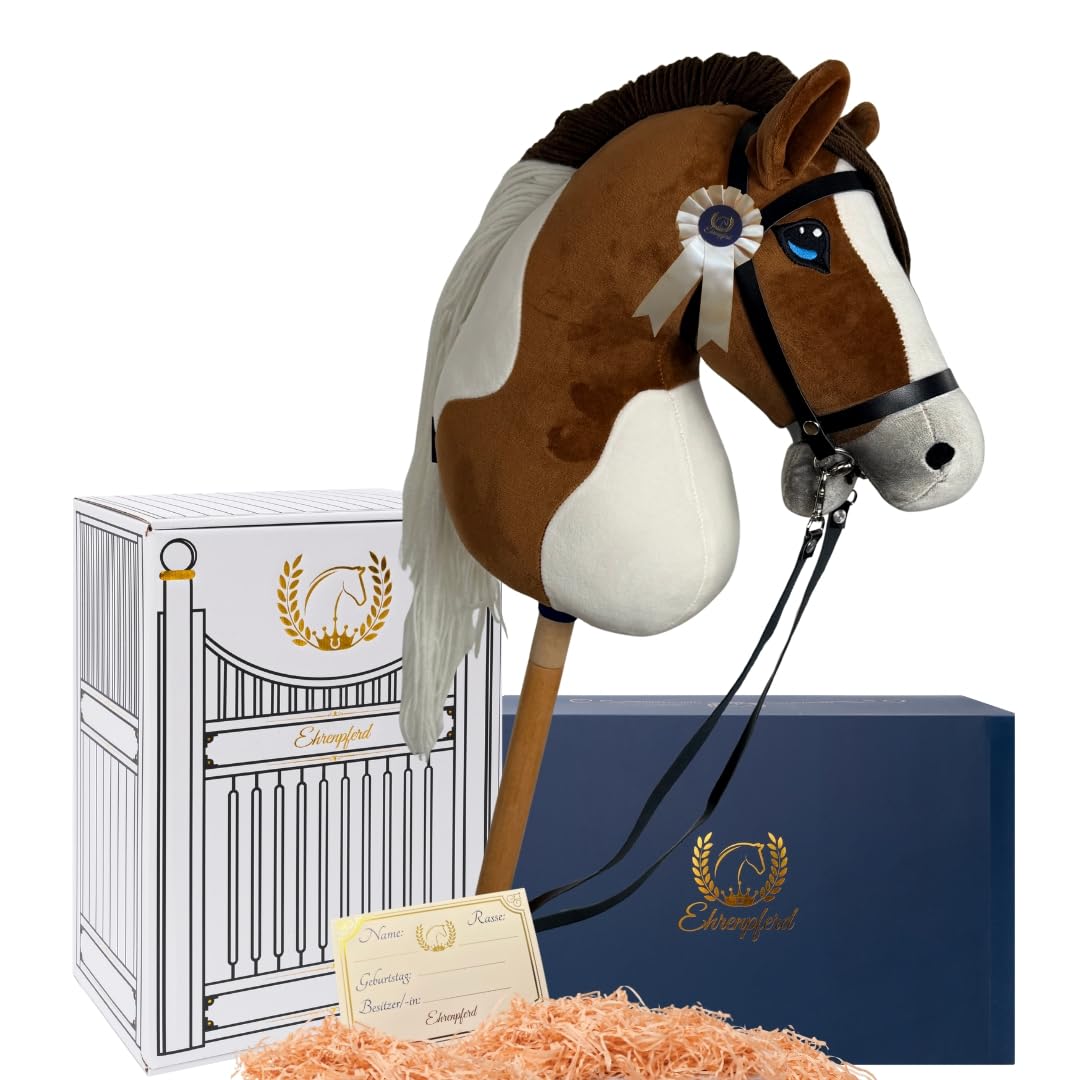 Hobby Horse Pferd -A3- Premium Steckenpferd mit Zubehör für Hobby Horsing: Pferde Spielzeug Set mit Stockpferd, Trense, Turnierschleife & Stall als Pferde Mädchen Geschenk - Toffee
