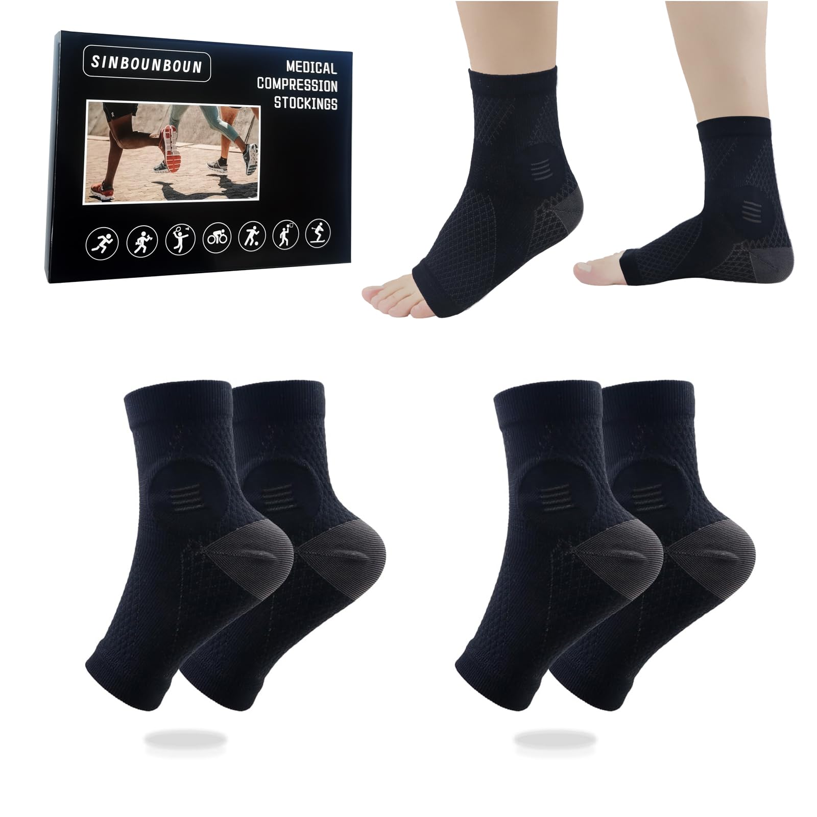 SINBOUNBOUN 2 Pairs Mixed Colors Neuropathy Socks For Women & Men，Nano Neuropathy Socks，Diabetic Open Toe Foot Sleeves Elastic Sock，Compression Socks，