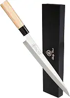 Faca de sushi Sashimi de 25 cm – Faca perfeita para cortar sushi e sashimi, fillete e fatiar peixes – Lâmina de aço inoxidável muito afiada e cabo de madeira tradicional + caixa de presente