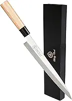 Faca de sushi Sashimi de 25 cm – Faca perfeita para cortar sushi e sashimi, fillete e fatiar peixes – Lâmina de aço inoxidável muito afiada e cabo de madeira tradicional + caixa de presente