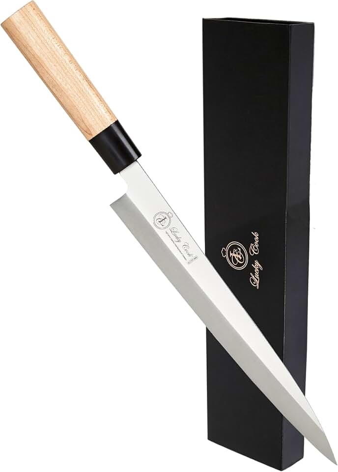 Faca de sushi Sashimi de 25 cm – Faca perfeita para cortar sushi e sashimi, fillete e fatiar peixes – Lâmina de aço inoxidável muito afiada e cabo de madeira tradicional + caixa de presente