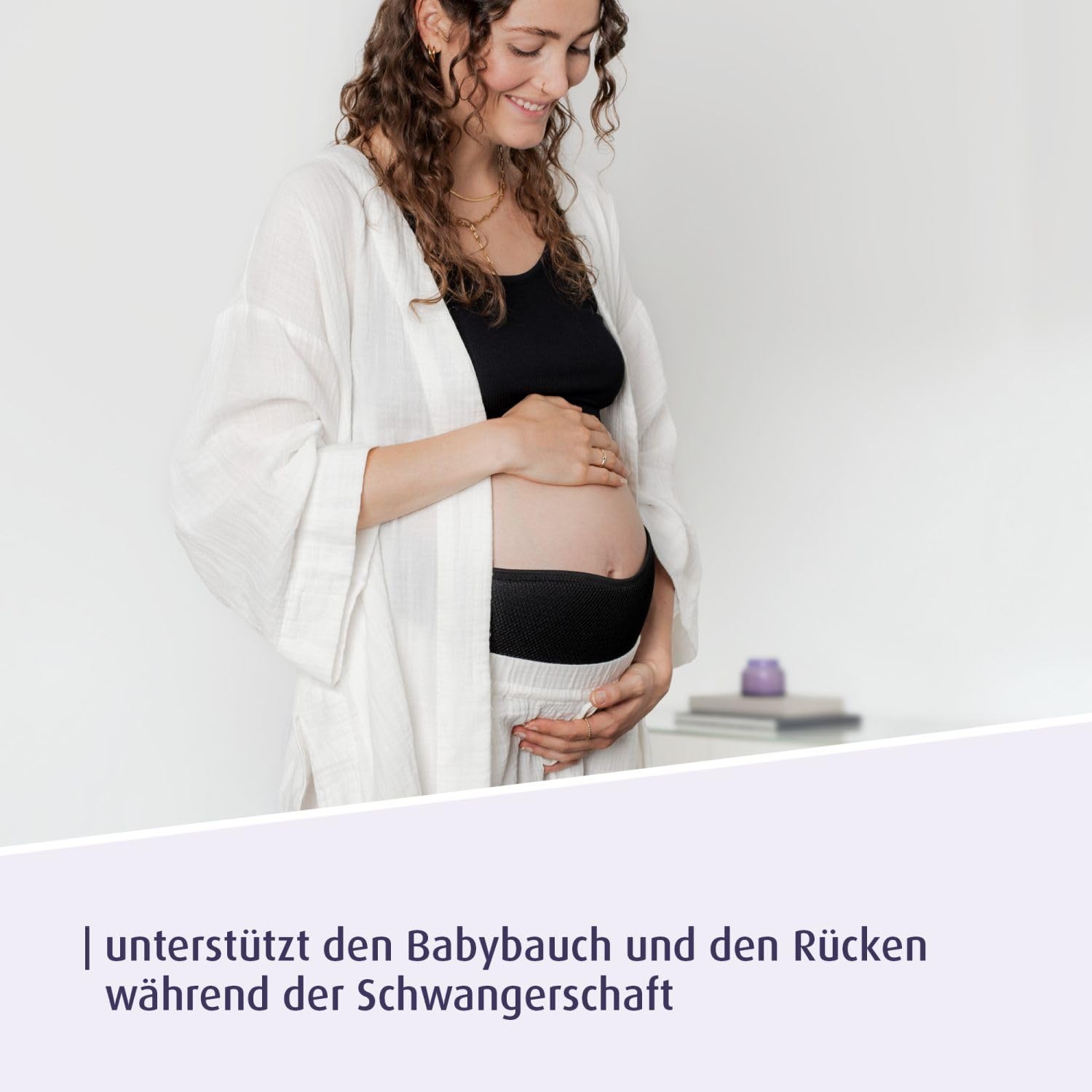 reer Schwangerschaftsgürtel, Bauchgurt Schwangerschaft zur Unterstützung von Babybauch und Rücken, extra langer Stützgürtel mit Klettverschluss, atmungsaktiv, weich - dermatest geprüft, Schwarz