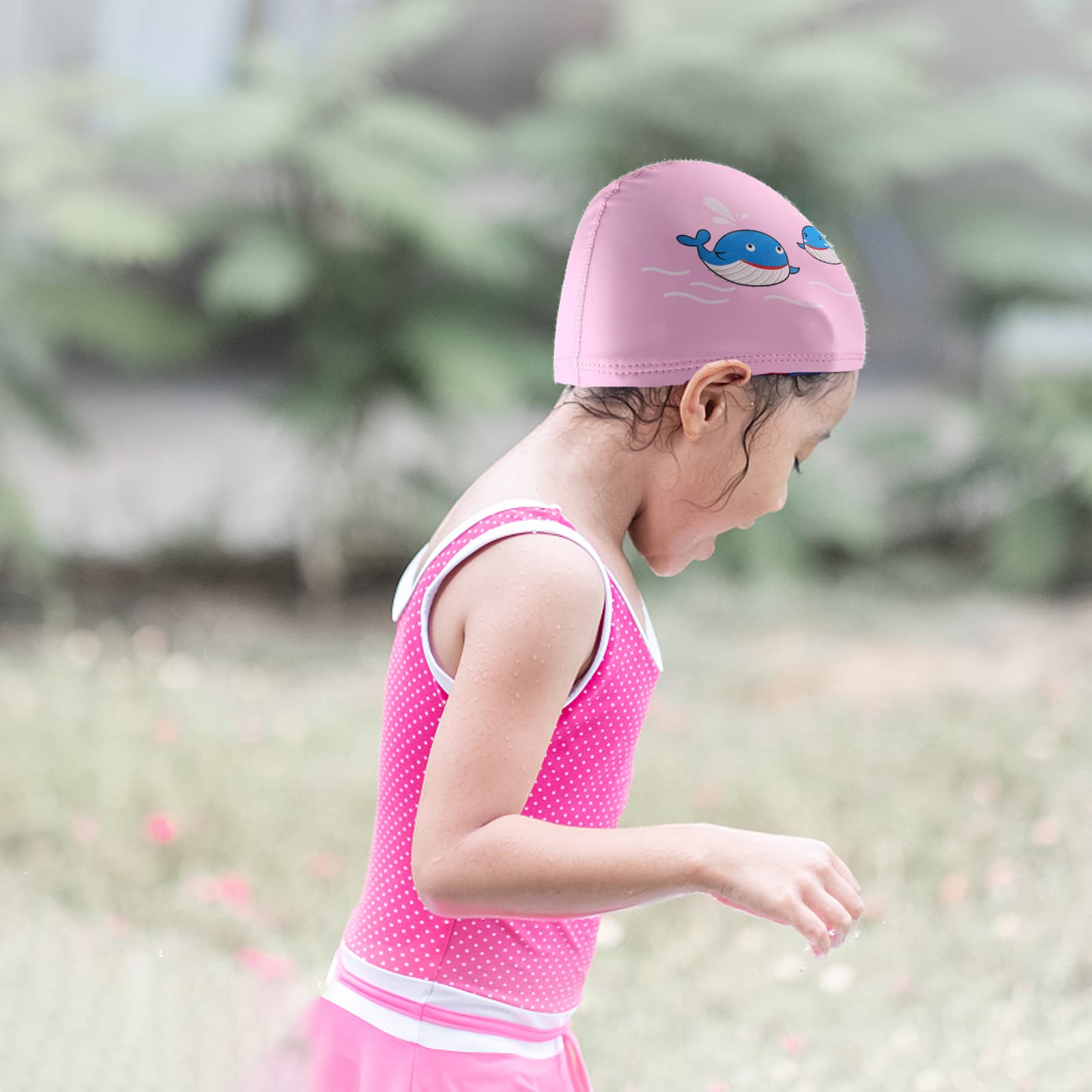 3 Cappelli da Nuoto Elastica Cuffie da Nuoto per Bambini Cuffie da Piscina per Capelli Lunghi Cuffia da Bagno in Tessuto Flessibile Impermeabile (Motivo Adorabile, Serie Rosa