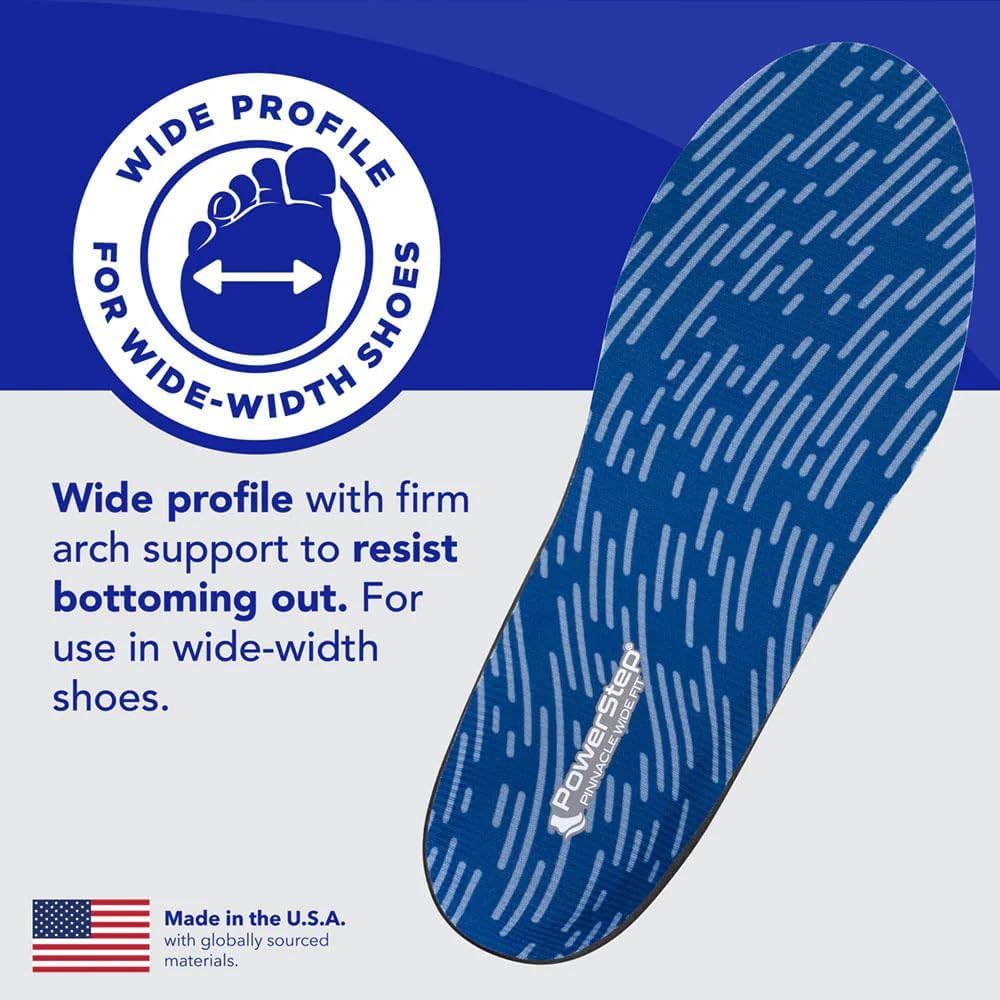 PowerStep Wide Fit Orthotics Insoles, Wide Feet Arch Support, Plantar Fasciitis Relief, Mild Pronation, Orthotics That Supports Ankle & Knee Pain for Men and Women, Made in The USA