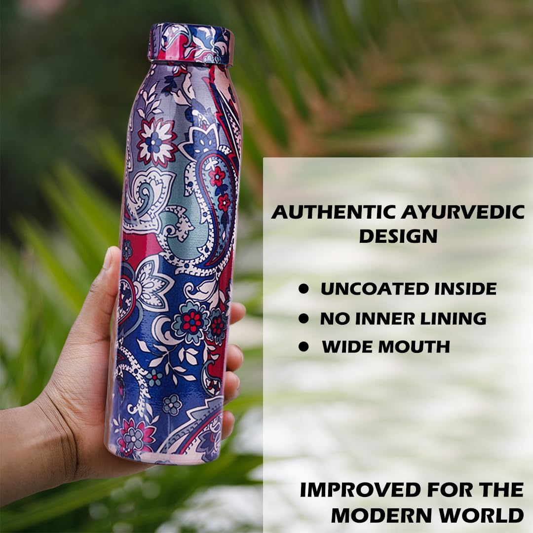 NORMAN JR, Hammered-1 Plain-1 Blue Printed-1, Copper Water Bottle 1L Extra Large-an Ayurvedic Pure Premium Copper Vessel, Lower Your Sugar Intake and Enjoy The Health Benefits - Gift Pack of 3 - Image 4