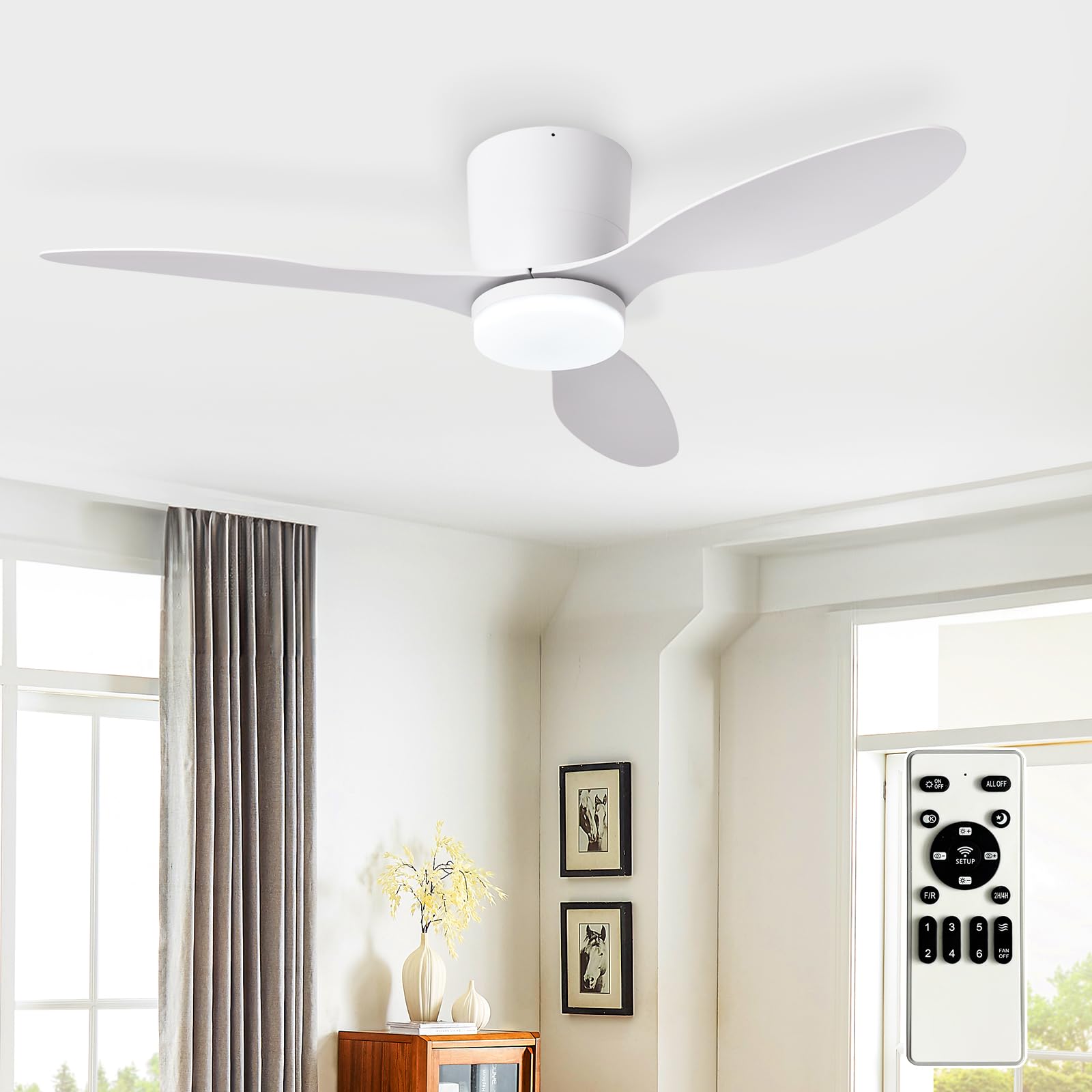 Depuley Flush Mount Ceiling Fan: 42-Inch White Ceiling Fans with Lights for Bedroom Indoor Outdoor - Low Profile Ceiling Fans with Remote Control 24W 3CCT Dimmable 3 Reversible White Blades 6 Speeds
