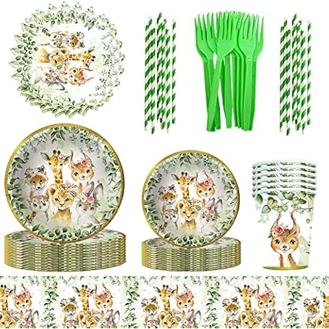 Jungle Safari Theme Party Tableware Set, 71pcs Kids Jungle Birthday Party Supplies Party Plates and Paper Cups, Tablecloth Straws and Napkins Party Tableware Dinnerware for Birthday Baby Shower Cover