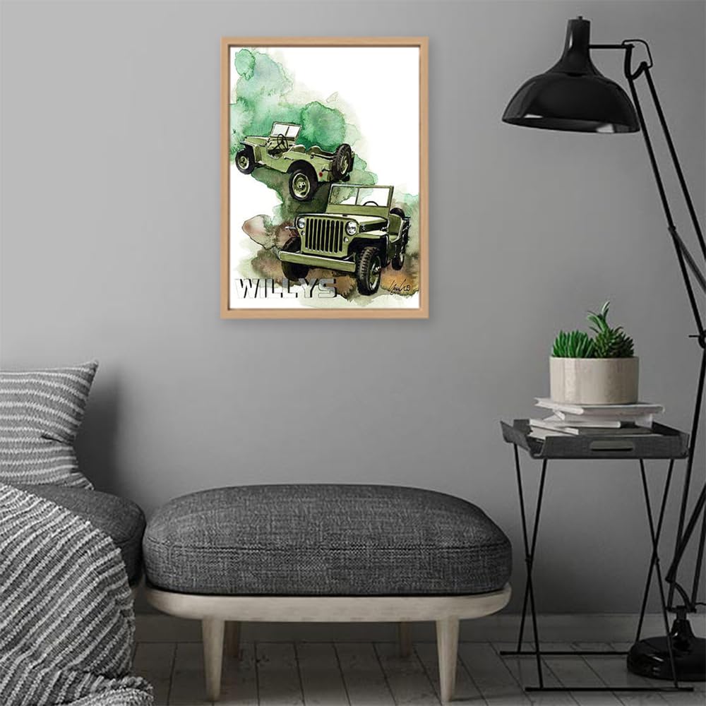 VERRE ART Printed Framed Canvas Painting for Home Decor Office Wall Studio Wall Living Room Decoration (14x22inch Wooden Floater) - Willys Jeep MB