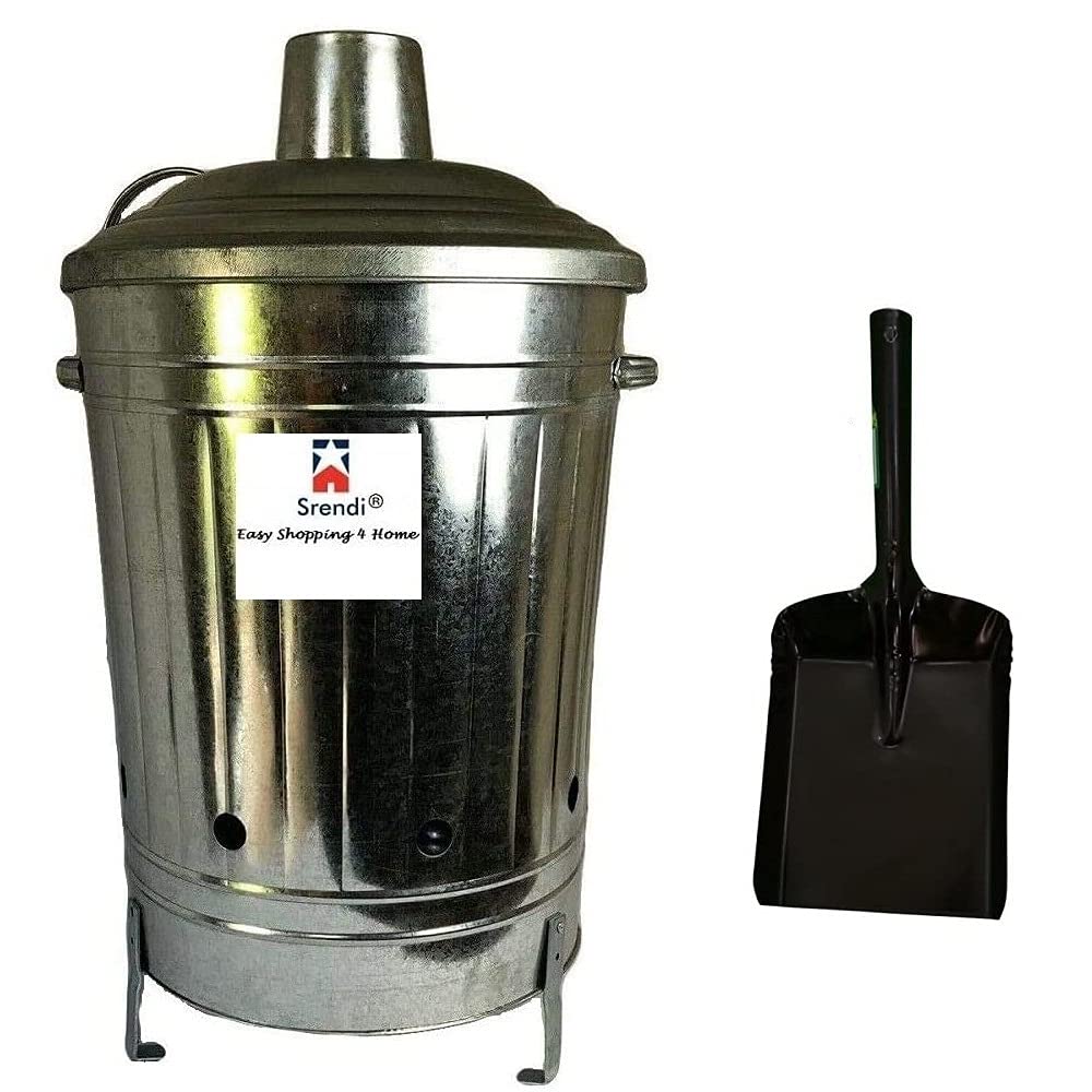 60 Liter Metal Galvanised Garden Incinerator Fire Bin Burning Leaves Paper Wood Rubbish Dustbin Made in U. K. (60L INC with Shovel)
