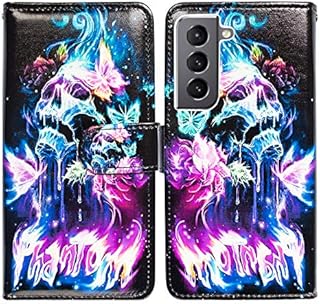 BCOV Galaxy S22 Case, Burning Skull Butterfly Leather Flip Phone Case Wallet Cover with Card Slot Holder Kickstand For Samsung Galaxy S22 5G