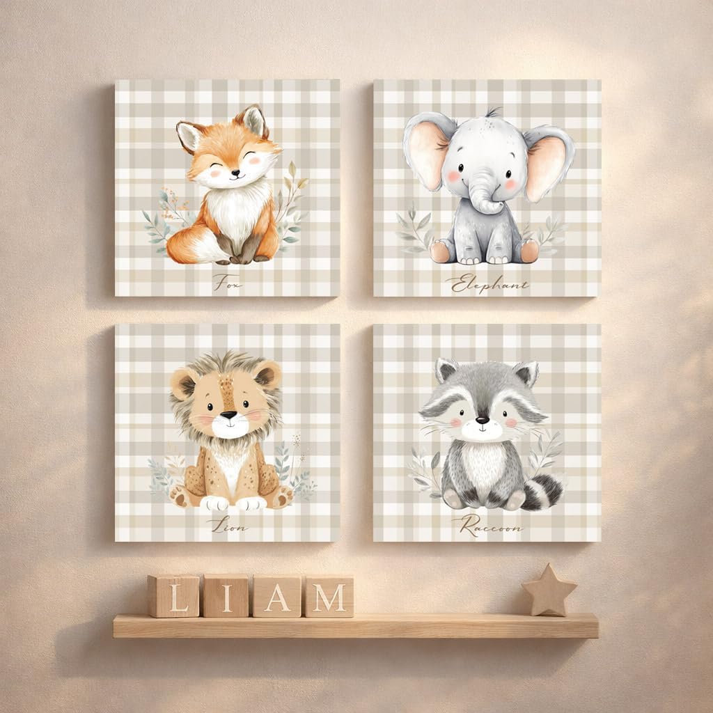 Cute Animal Nursery Wall Art Set of 4, Neutral Baby Animal Canvas Prints, Fox Elephant Raccoon Lion Woodland Safari Nursery Decor, 12x12 Inch Kids Room Wall Art, Ready to Hang (Gray)