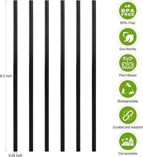 Miniatura 2 de Pajitas negras desechables biodegradables compostables  Pajitas de ácido poliláctico a base de plantas para jugo, café, cóctel, bebidas frías (8.25