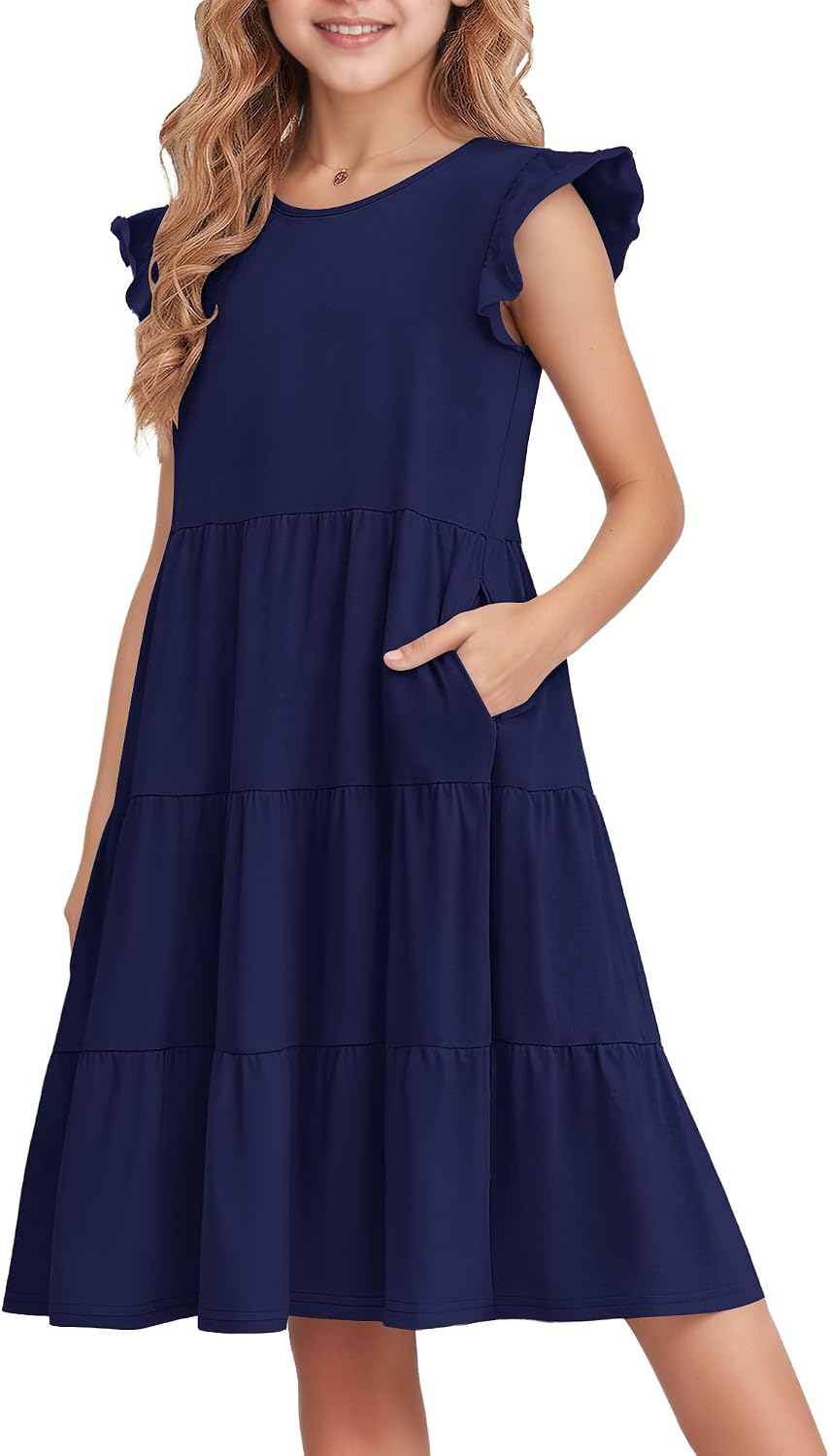 Tween Girl’s Summer Ruffle Sleeve Loose Dress Spring Floral Kids Crewneck 2026 Sundresses with Pockets