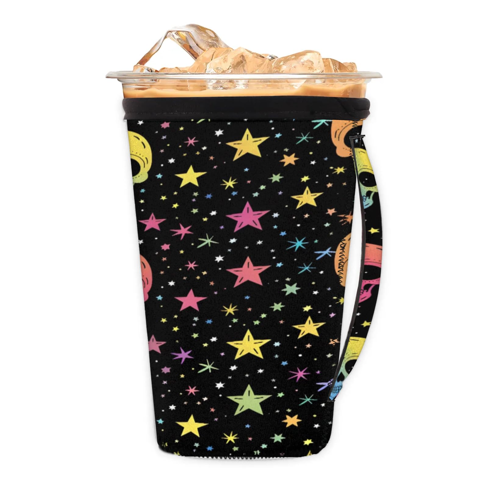 Abstract Colorful Star Skull Reusable Neoprene Coffee Sleeve with Handle Insulated Iced Coffee Cup Holder Reduces Condensation Fits 24-28 oz Cups M