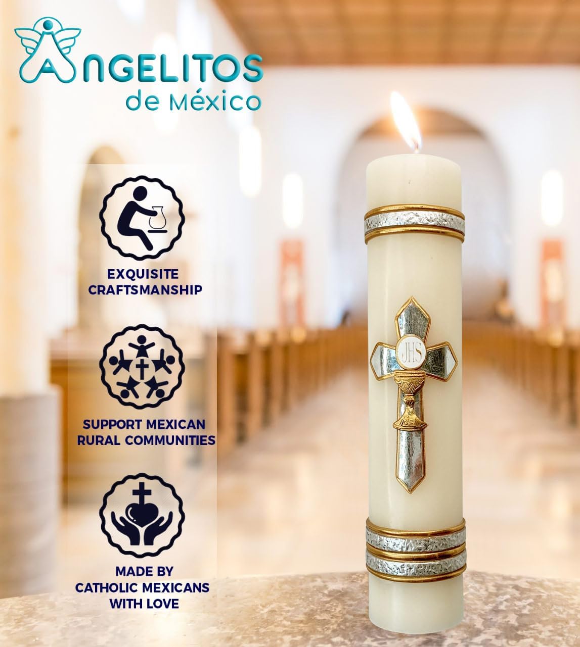 Silver-Tone Cross First Communion Candle Vela de Primera Comunion con Cruz Plateada