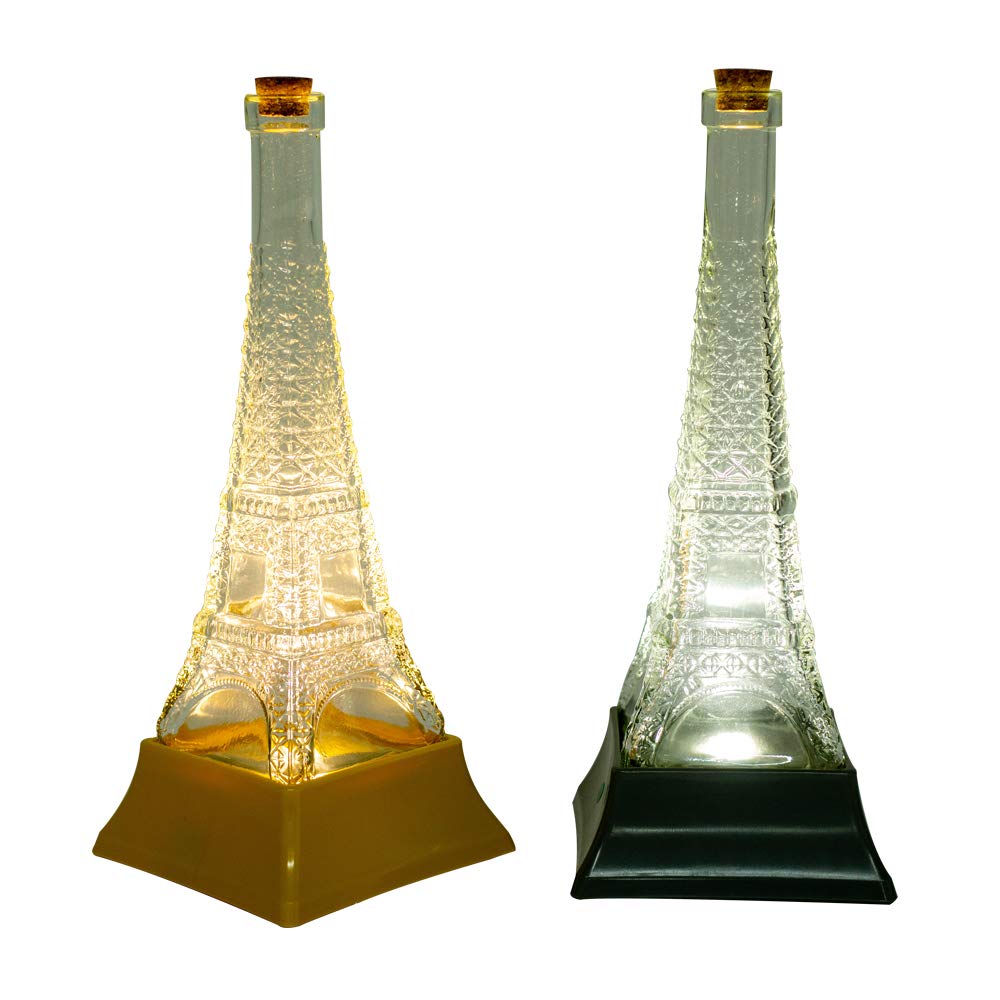 P&S Remote Control Paris Eiffel Tower Glass Bottle Night Light Lighting Lamp for Table Desk Decoration Bedroom Reading Room Gift Portable Rechargeable White