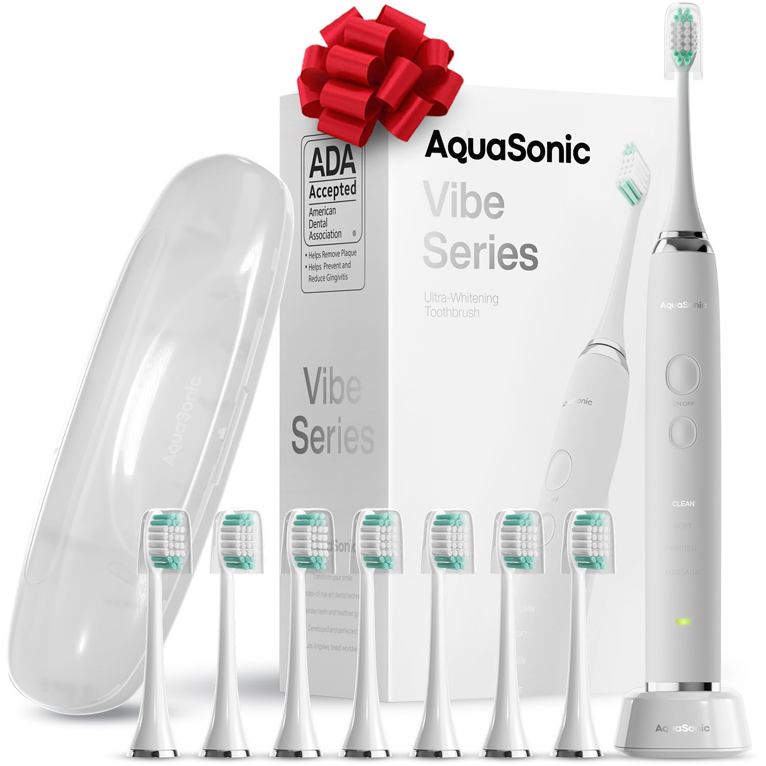 Aquasonic Vibe Series Ultra-Whitening Toothbrush – ADA Accepted Electric Toothbrush - 8 Brush Heads & Travel Case – 40,000 VPM Motor & Wireless Charging - 4 Modes w Smart Timer – Optic White