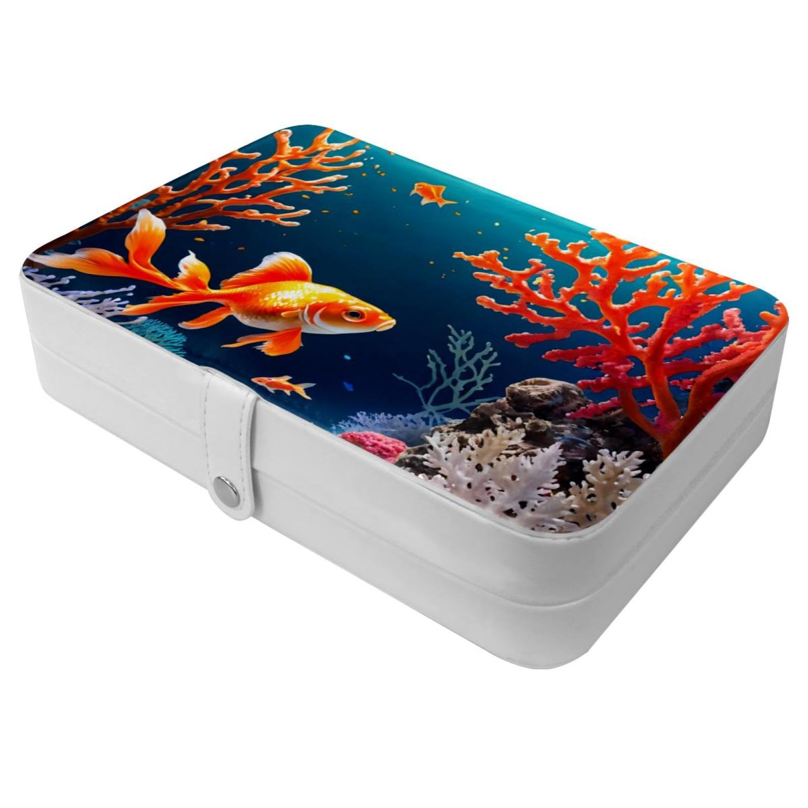 Boîte à bijoux avec boucle en métal et motif poissons pour voyage