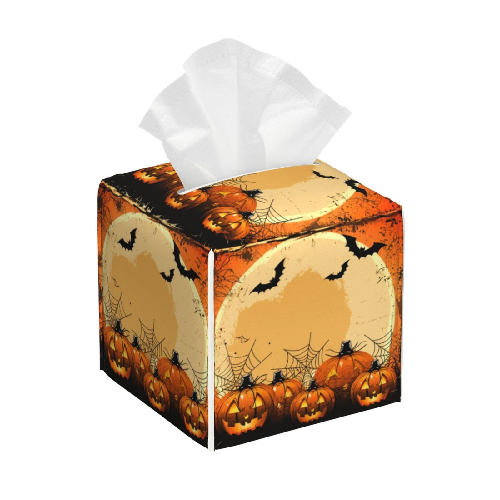 Square Tissue Box Cover, Leather Tissue Cube Box Holder, Halloween Full Moon Night Scary Pumpkin Facial Paper Case for Tabletop, Bathroom, Car, Office 5.2"x5.2"x5.2"in