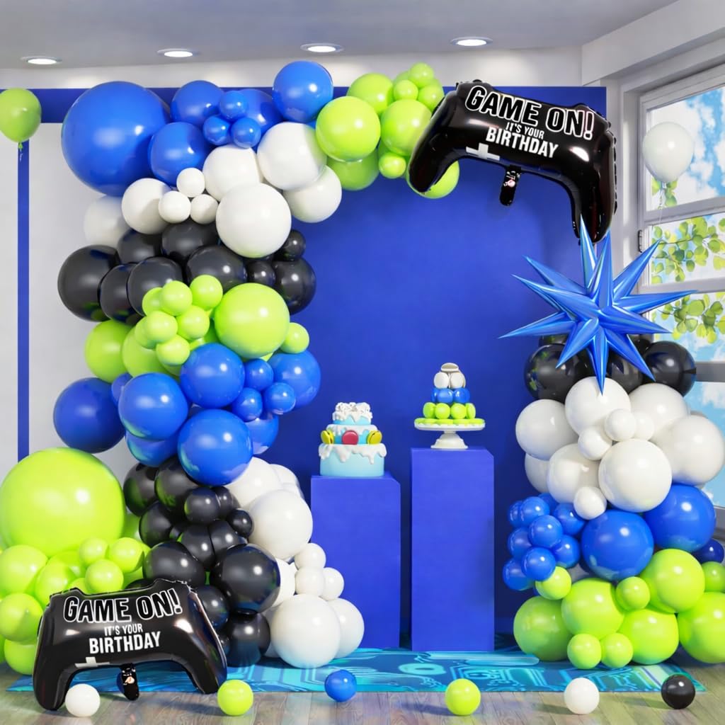 Jobkoo Video Game Balloon Arch Garland Kit with Game Controller Foil Balloons Blue Green Black White Latex Balloons Explosion Star Balloon for Boys