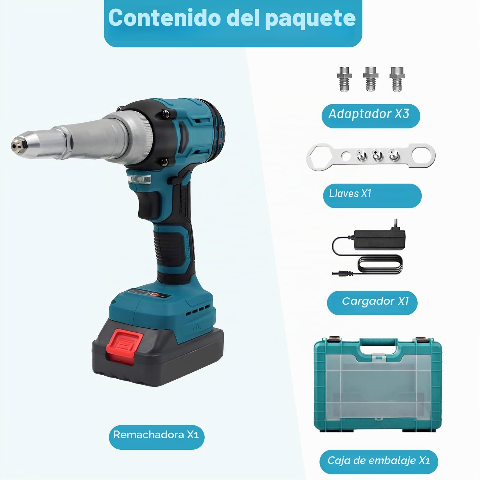 Remachadora Batería 21V, Remachadora Eléctrica Automática Brushless 20.000N con 2 Baterías 1300mAh para Remaches 2,4-5,0mm, para Reparación de Automóviles y Bricolaje