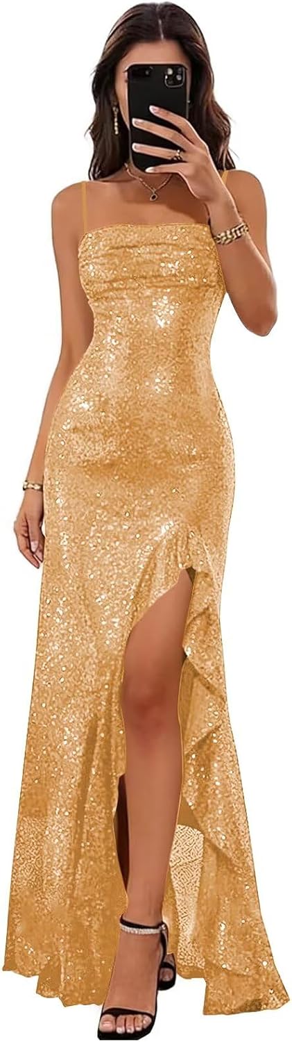 Spaghetti Straps Prom Dresses Long Glitter Sequin Formal Evening Party Dresses with Slit