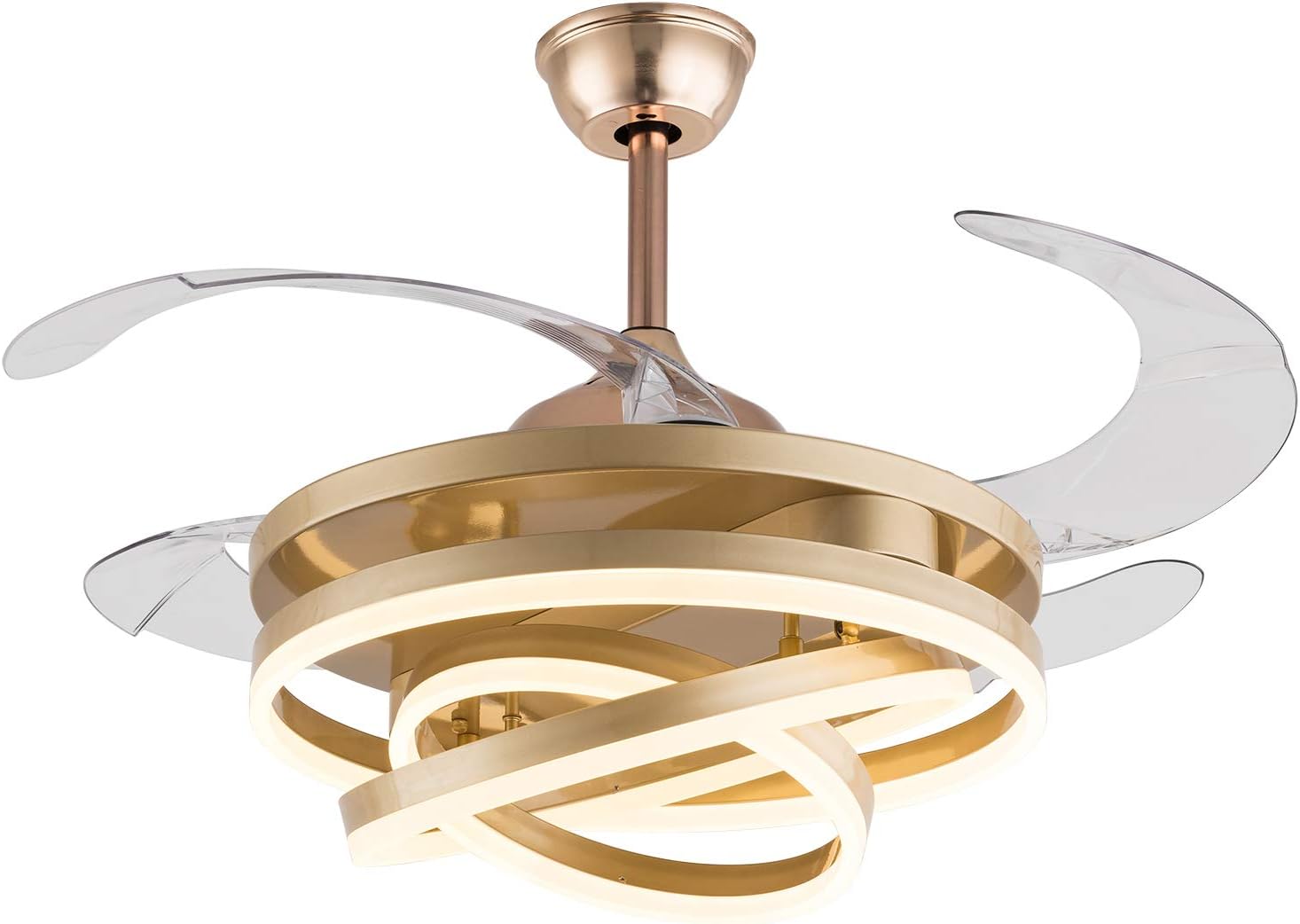 42 Inch Ceiling Fan Light LED Lamp Retractable Blade 3-Color Chandelier Remote, 3 Light Change LED Indoor Ceiling Fans, Invisible Blades Modern Smart Fan for Bedroom Living Room