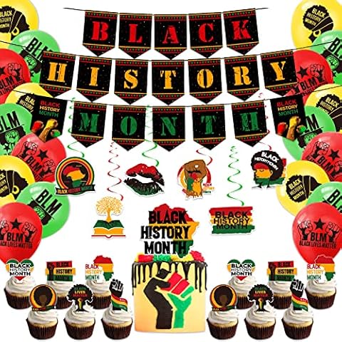 Black History Month Decoration Black History Month Banner Latex Balloons Hanging Garland Swirls Cake Toppers for African American Country Celebration Holiday Deocr and Supplies (Black) Cover