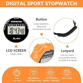 Vicloon Digital Simple Stopwatch - Large Display, Single Lap Split, 12/24 Hour Clock Alarm Date for Coaches, Kids\' Training, Swimming, Running (Orange)