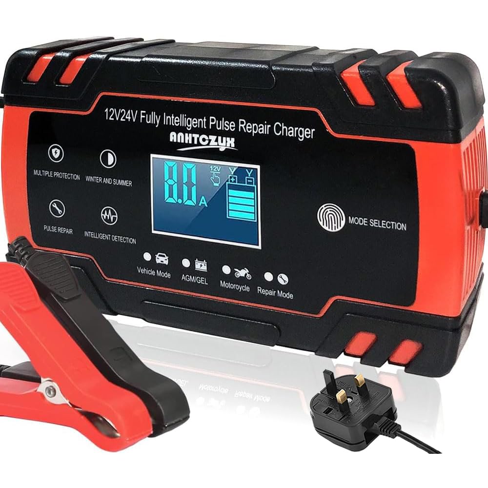 12V/24V 8Amp Car Battery Charger, Automatic Smart Battery Charger with Intelligent Charges, Repairs, Maintains Lead Acid Batteries, Car, Motorcycle, Boat Mower Battery