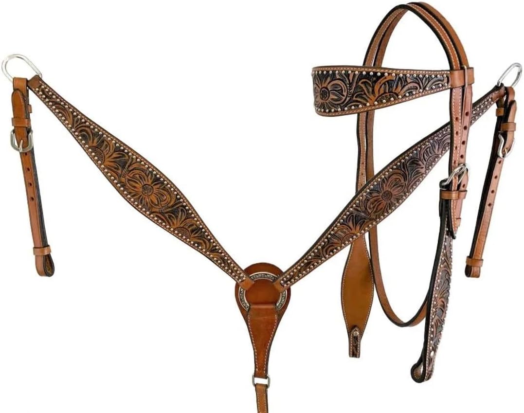 Western Saddle Horse Headstall Bridle Breast Collar Reins Tack Set Leather Floral Tooled Handmade Breastplate ME-HBC-120C Cob Size