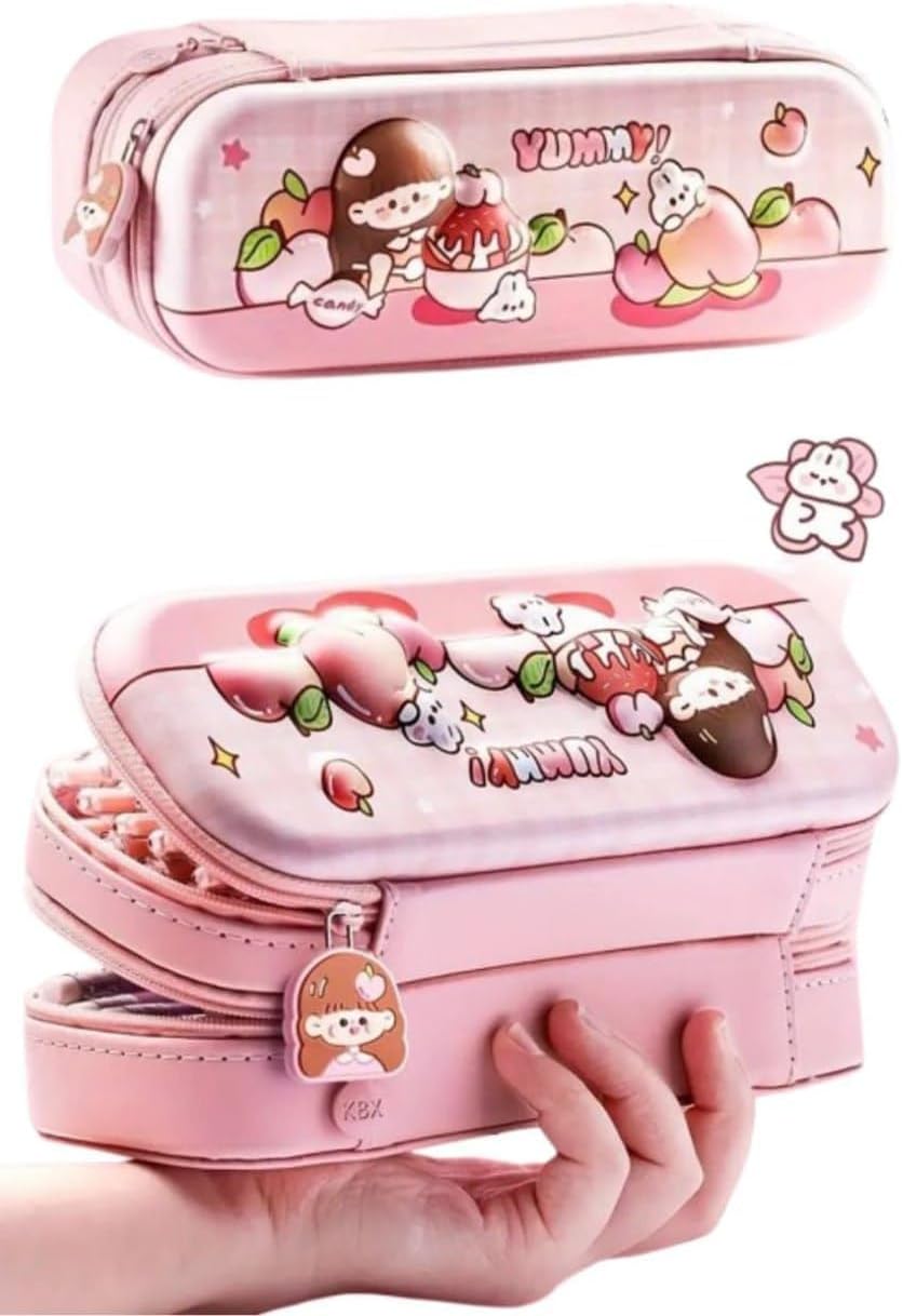 DEOXY Cute Pink Pencil Case Set, Yummy Theme with Character Design, Hard Shell Organizer Pouch