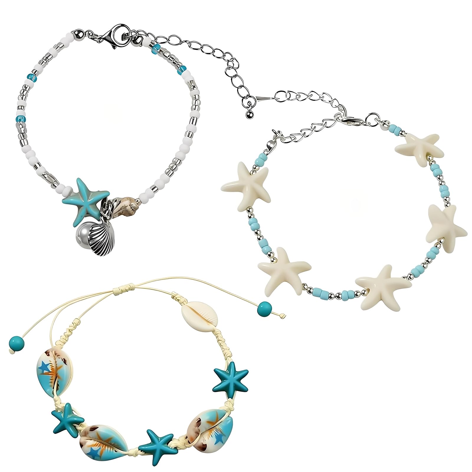 ffzdena 3 Pcs Beach Jewellery for Women Bracelets for Women Stylish, Sea Star Shell Conch Beaded Bracelet Set, Ocean Theme Accessories for Casual Wear, Blue Color Handmade Jewelry Collection-picture-49