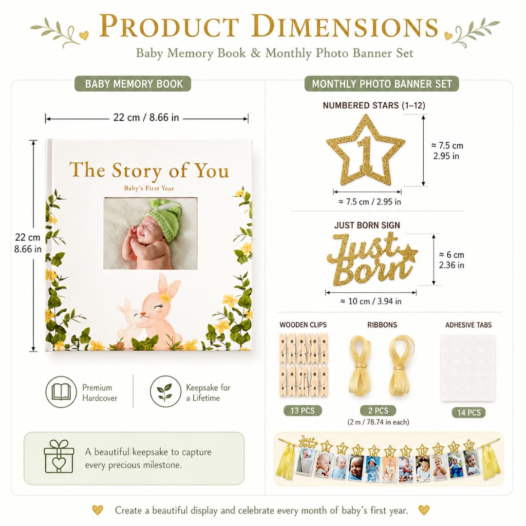 Libro de recuerdos para bebé con pancarta mensual de fotos y calcomanías, diario de recuerdo de primer año y álbum de fotos, tapa dura neutra de género para recién nacidos y baby shower