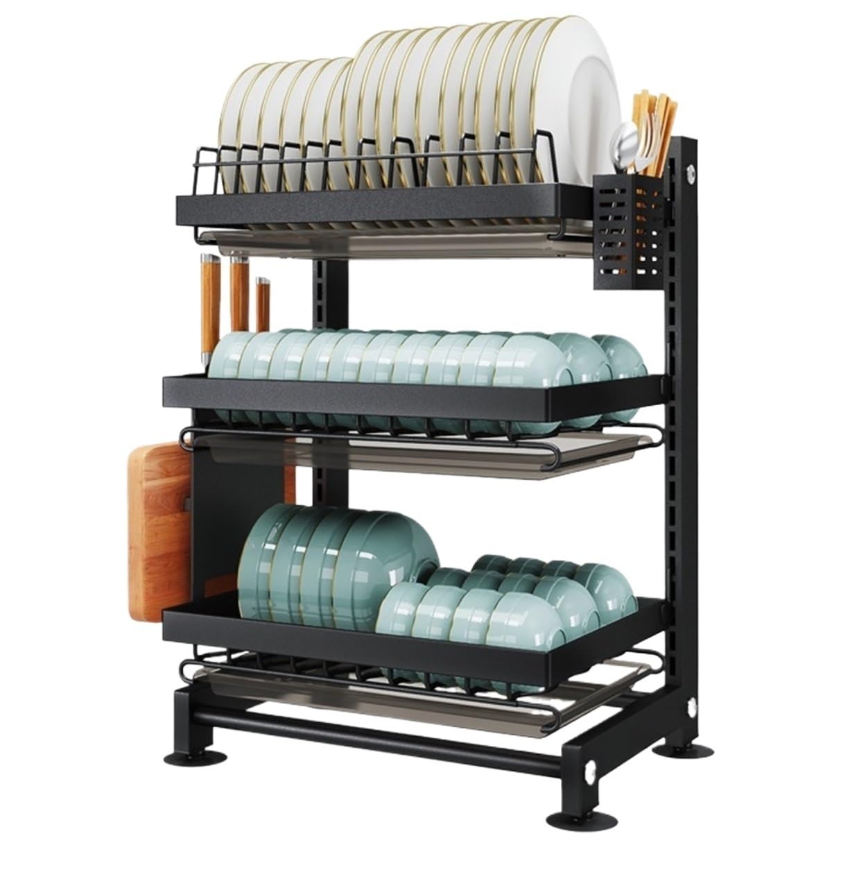 Escurreplatos Escurridor De Platos Mostrador, Rejilla Secado con Soporte para Cuchillos, Estante para Utensilios, Secadora 3 Capas Organización Cocina