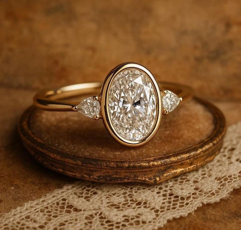 2CT Oval & Pear Cut Diamond Sparkle Wedding Ring, Engagement Stackable Ring, Three Stone Bezel Set Ring,14K Gold Plated,Women Gifted Ring,Gifted For Her,Size 3-12.3