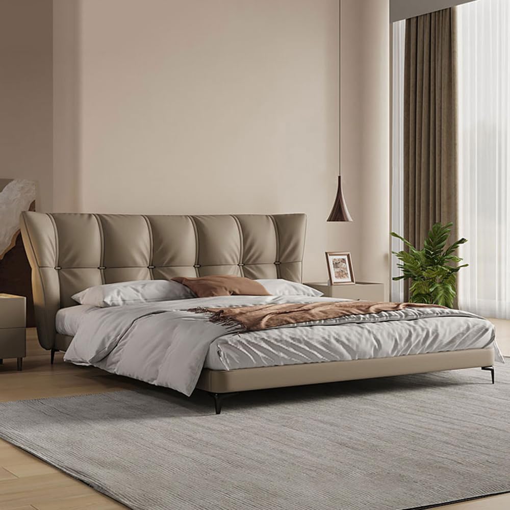 Brown Leather Modern Queen Size Platform Bed Wooden Slats Support Leather Upholstered Platform Noise-Free
