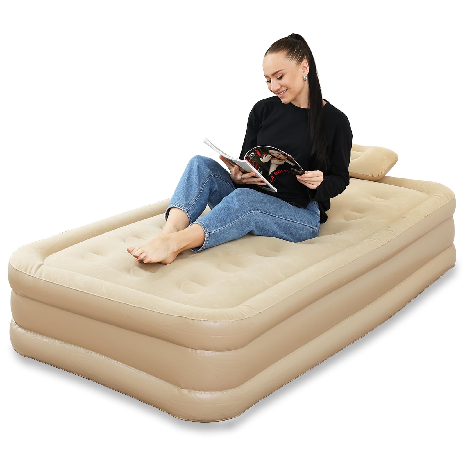 Luftmatratze Selbstaufblasend 1 Person, Luftbett, Gästebett mit Eingebauter Elektrischer Pumpe, 3 Min. zum Aufblasen/Entleeren, Aufblasbares Bett für Camping & Zuhause, 190×100×40 cm