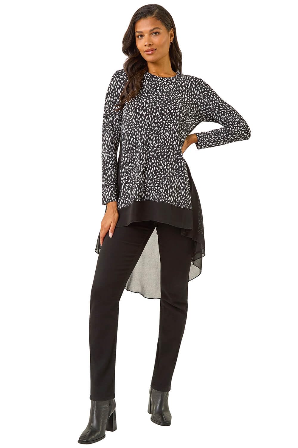 Roman Women's Black Spot Print Chiffon Hem Stretch Top In | : Size 10