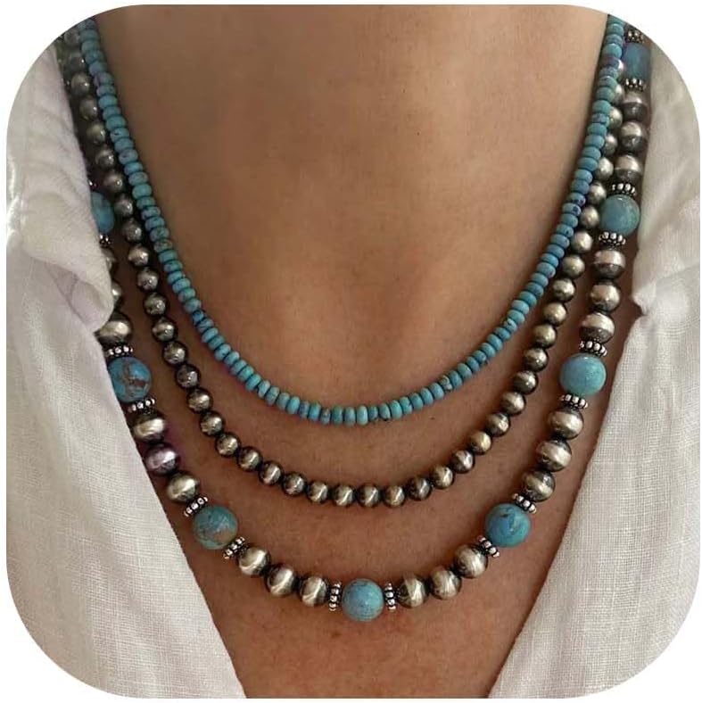 Navajo Pearl Necklace Western Jewelry for Women Navajo Pearls Earrings Boho Beaded Turquoise Necklace Vintage Jewelry Layered Necklaces Country Concert Outfits for Women