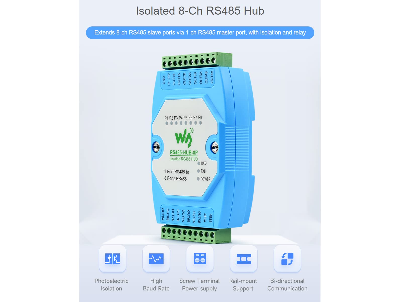 Waveshare Industrial-Grade Isolated 8-Ch RS485 Hub,Rail-Mount 8 Channel Repeater,Extends 8-ch RS485 Slave Ports Via 1-ch RS485 Master Port, with Isolation And Relay,300~460800bps Baudrate