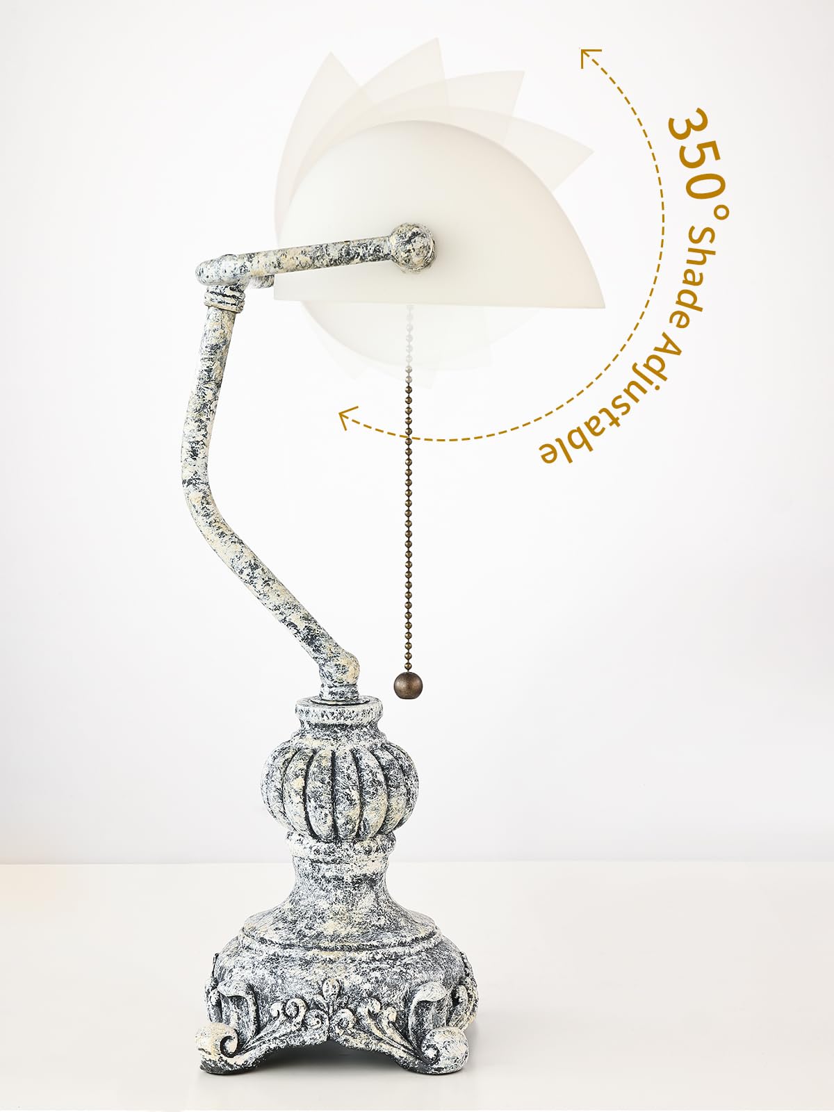 Retro White Mattglas Banker Schreibtischlampe für Home Office, Bibliothek mit Pull -Kettenschalter -Stecker, LED -Glühbirne enthalten