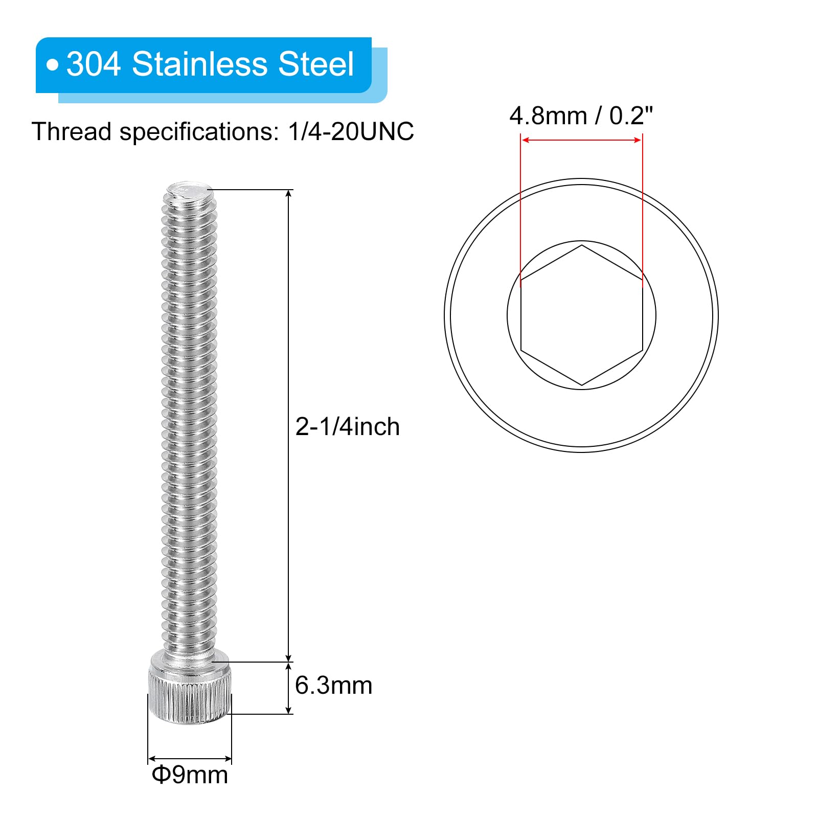 PATIKIL 1/4-20 x 2-1/4" Hex Socket Cap Head Screw Bolt, 20Pcs 304 Stainless Steel 18-8 - Image 2